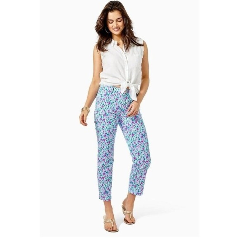 NWT Lilly Pulitzer Divia Blue Pink Dottie Stretch Ankle Pant